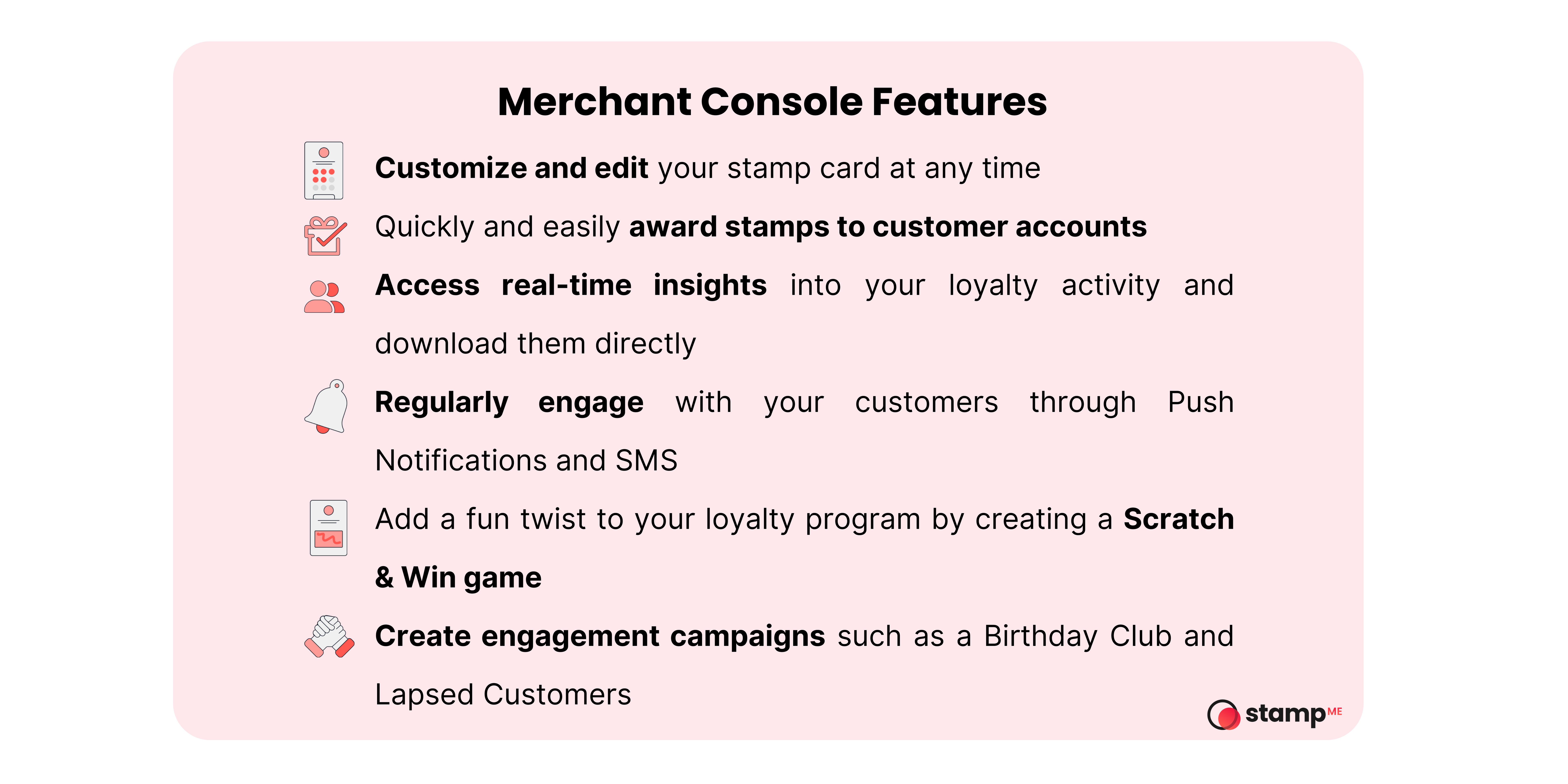 Graphic tile showcasing Stamp Me merchant console features with icons for customer insights and rewards management.